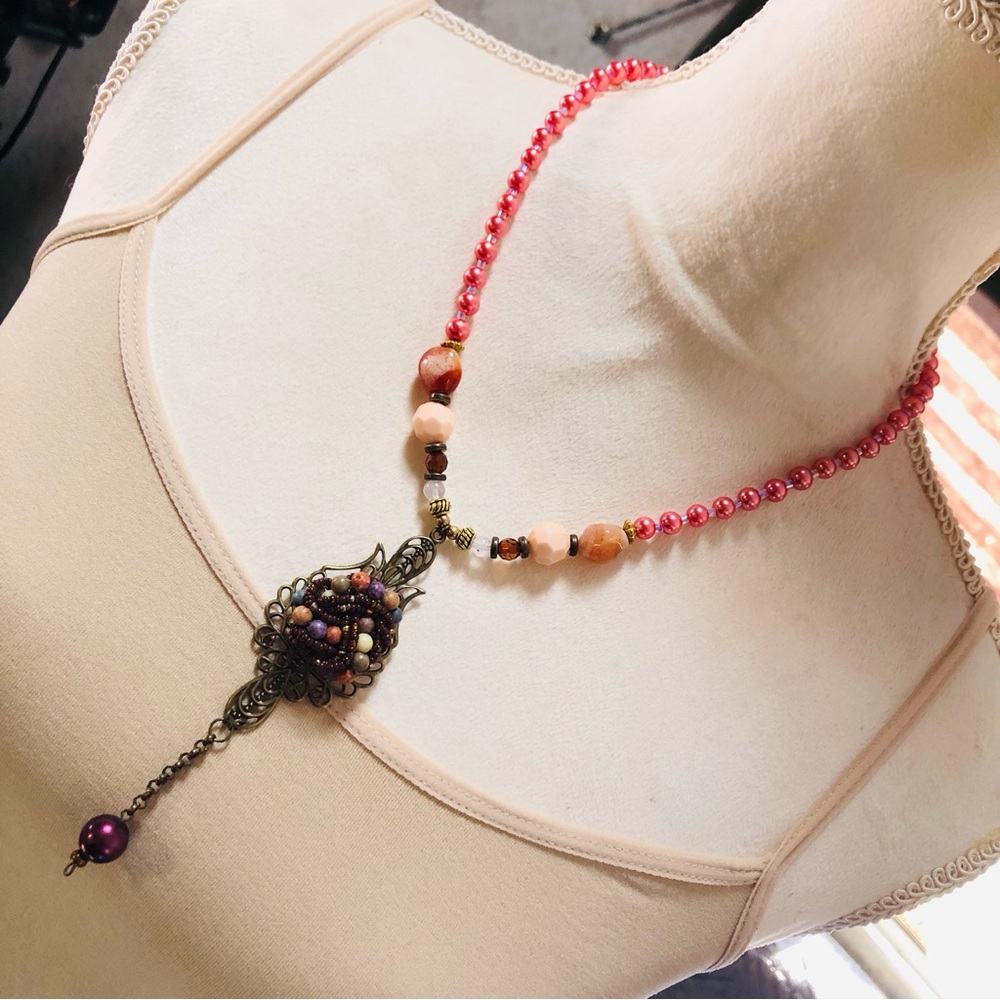 Handcrafted repurpose brass filigree pendant vintage beaded necklace